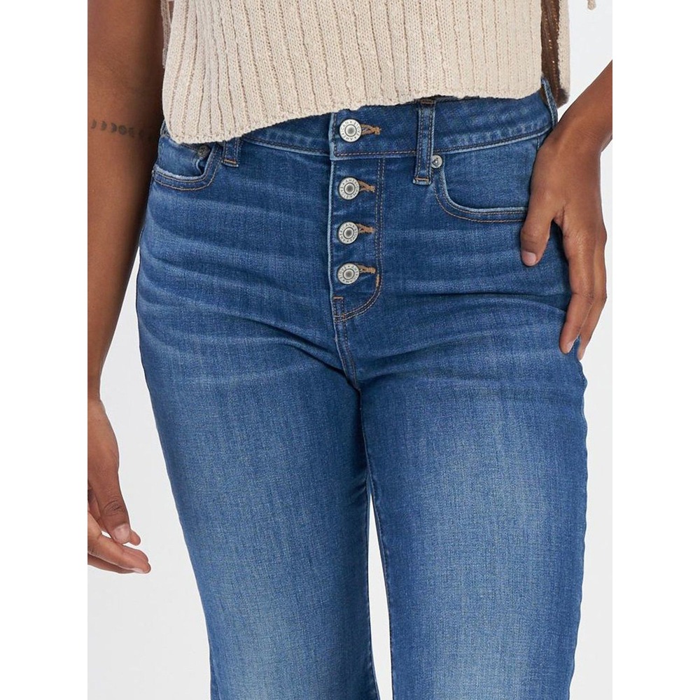 American Eagle Hi-Rise Crop Flare Jeans Blue Button Fly Raw Hem Size 10 Regular